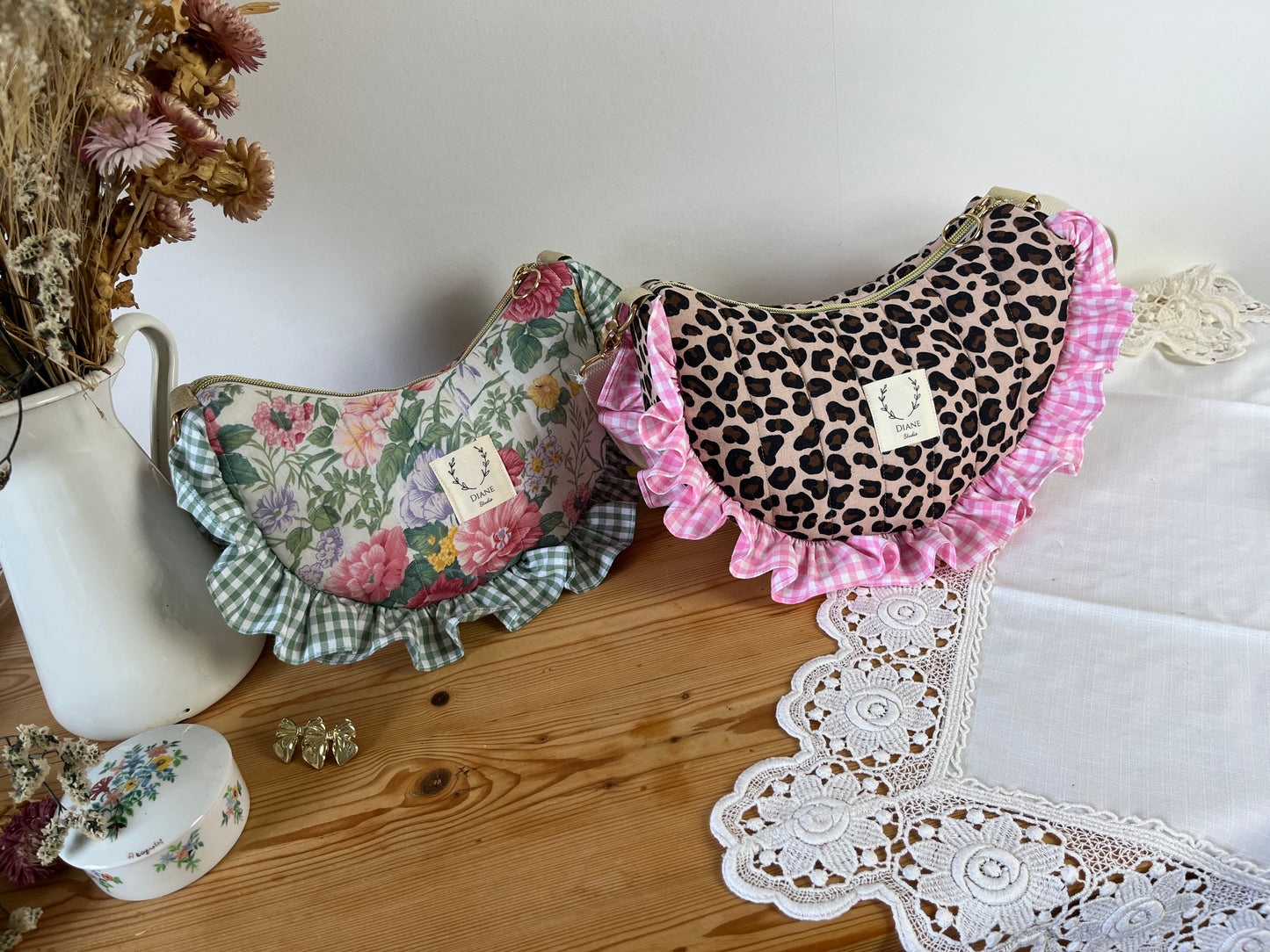 Milan the quilted crescent bag in leopard and beige gingham