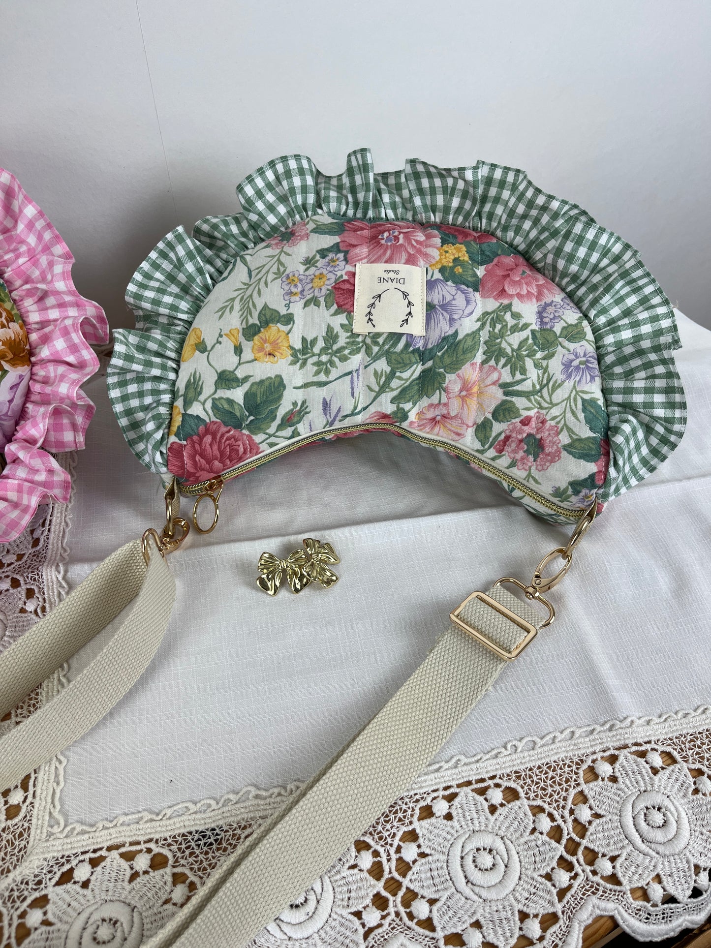 Milan the croissant bag with pink and gingham patterns