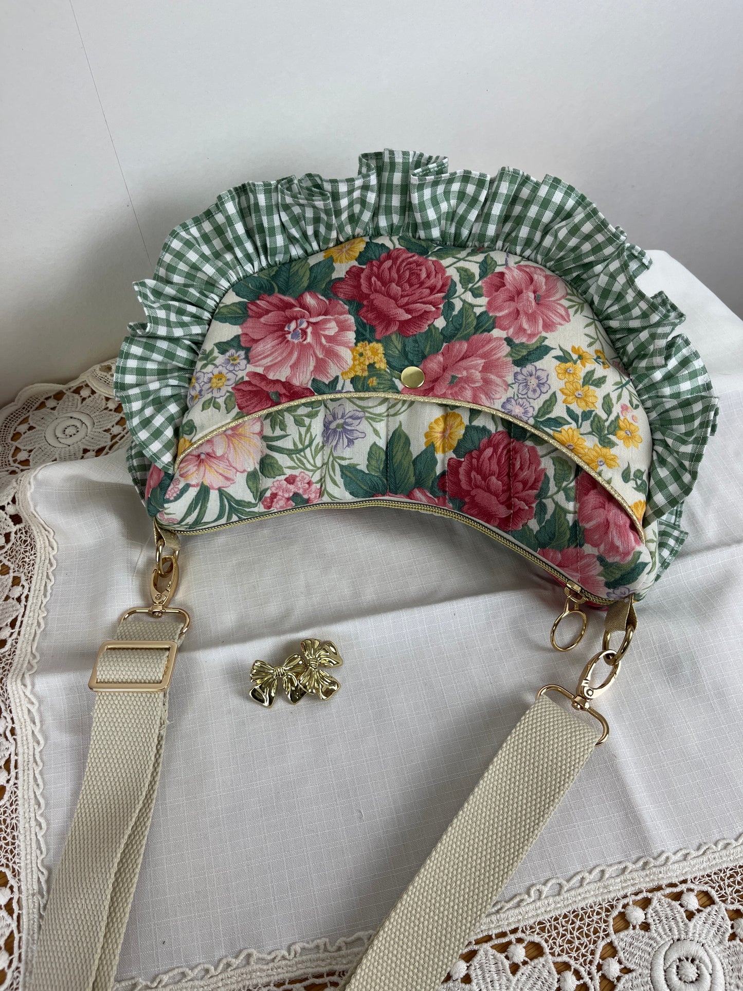 Milan the croissant bag with pink and gingham patterns