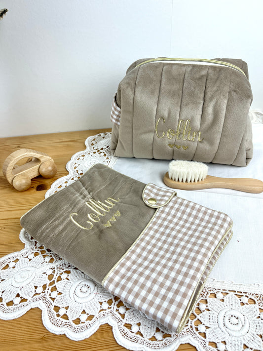 Set includes: Toiletry bag, blanket, doll, notebook cover, and bonnet 