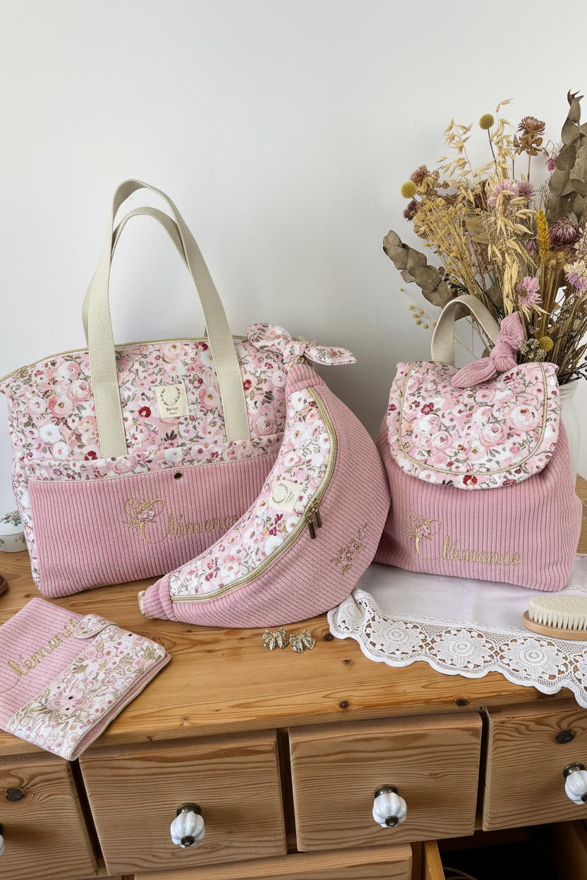 Ensemble : sac à langer/voyage, protège carnet, sac banane et sac à dos Eglantine