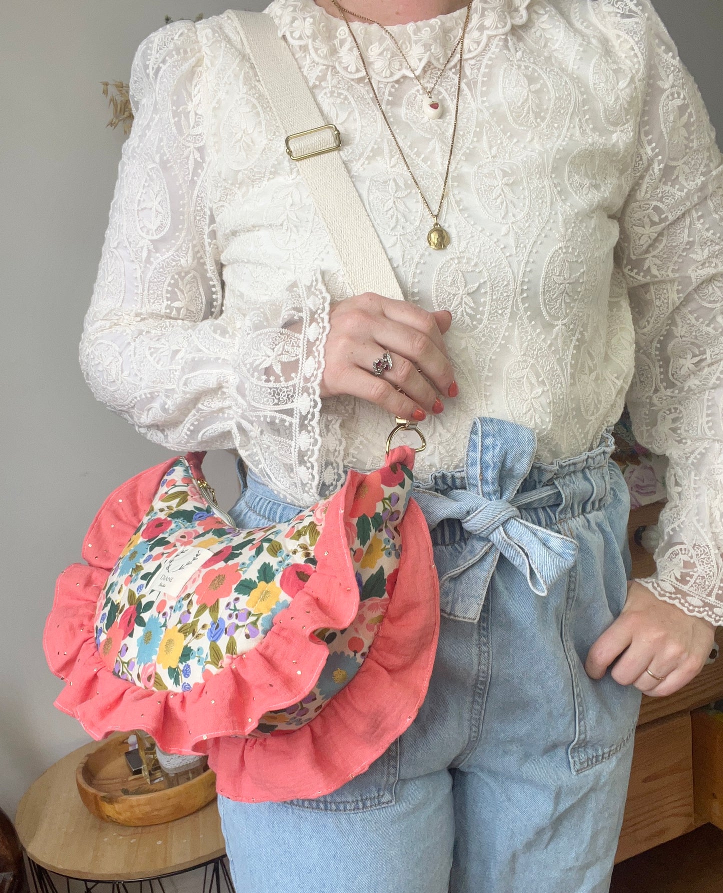 Milan the vintage quilted crescent bag in cream and coral