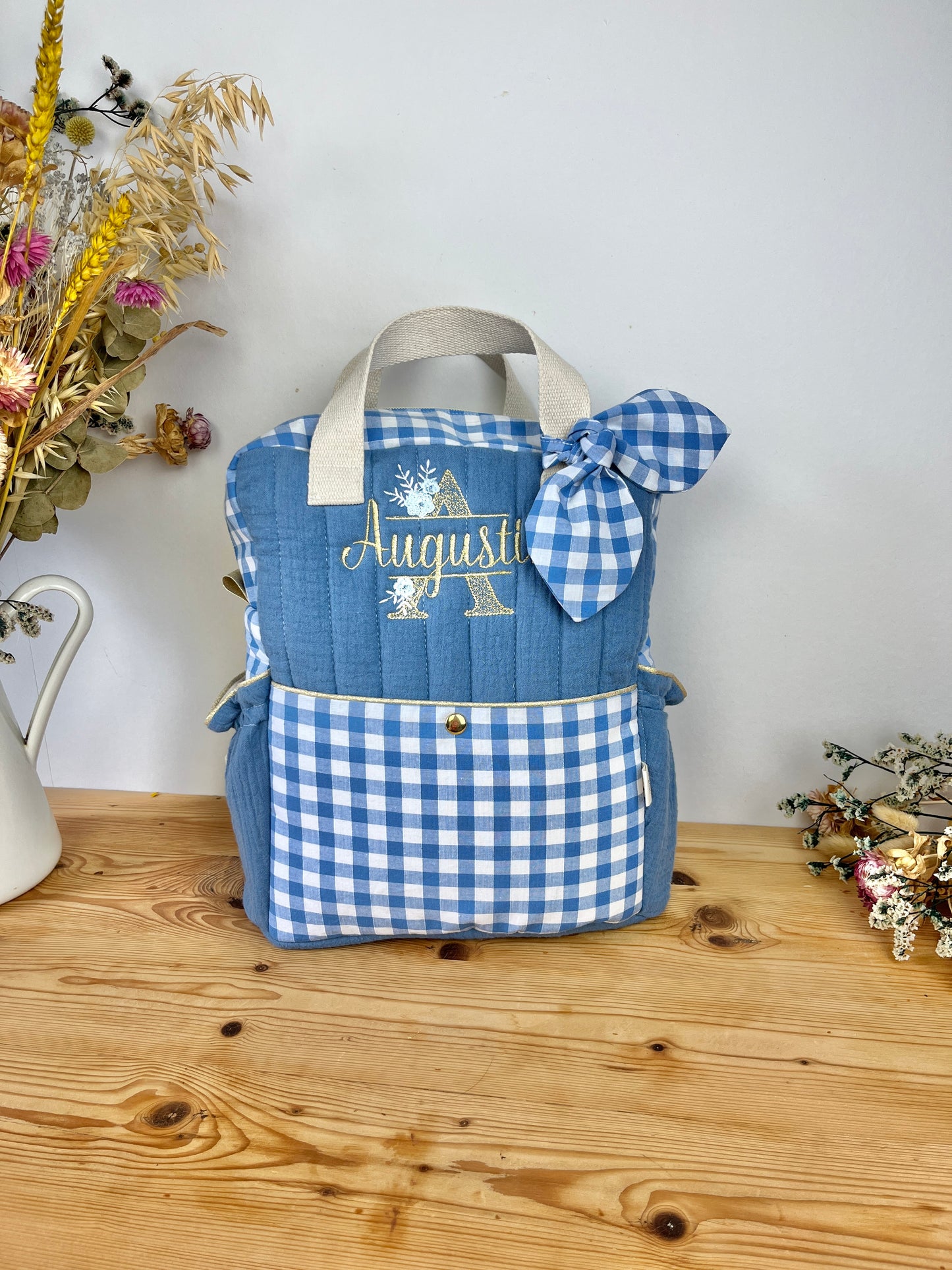 The Ombeline children's backpack in quilted gauze and sky blue gingham