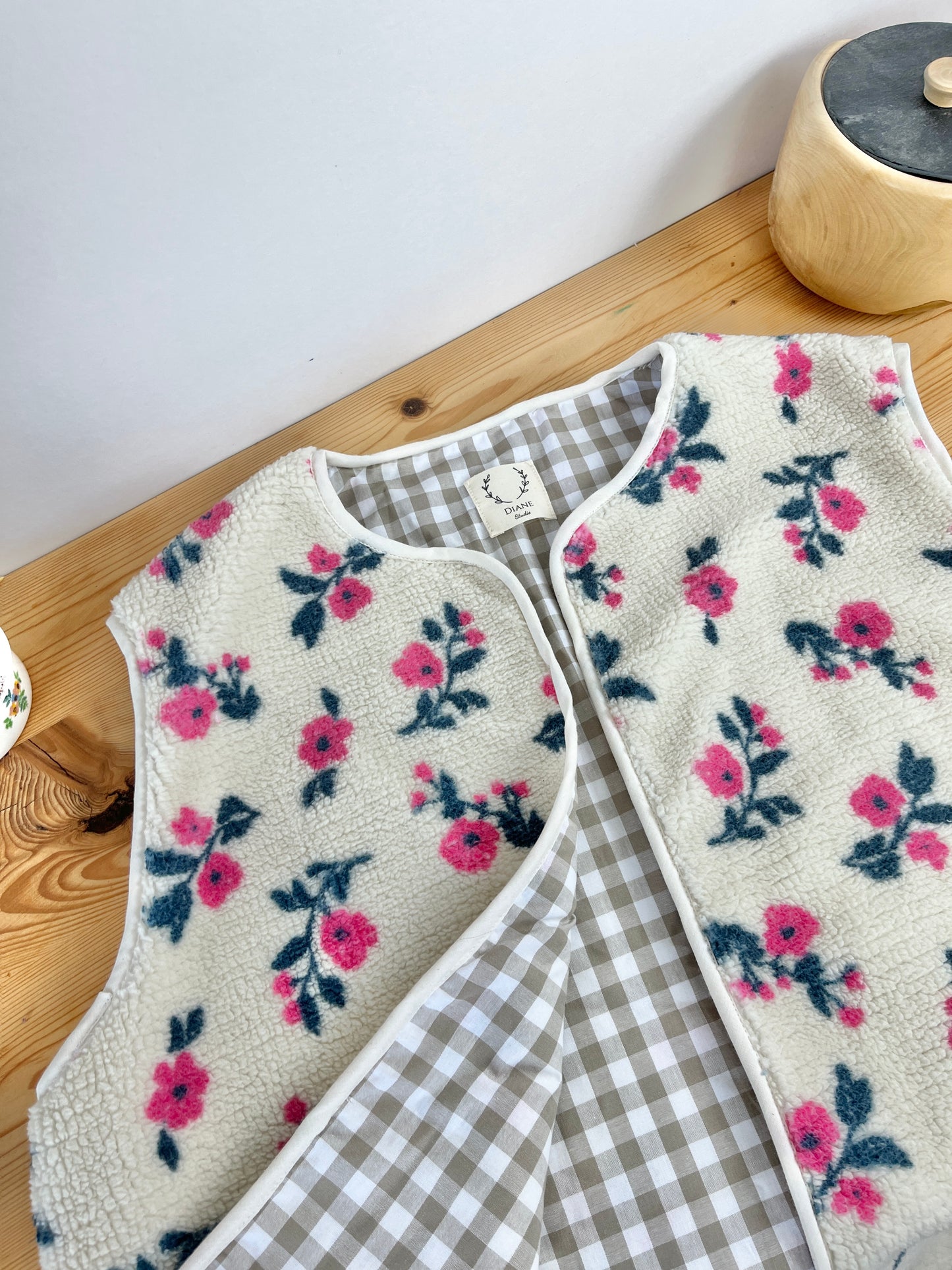 Coraliane floral cardigan with cream gingham trim - made to order
