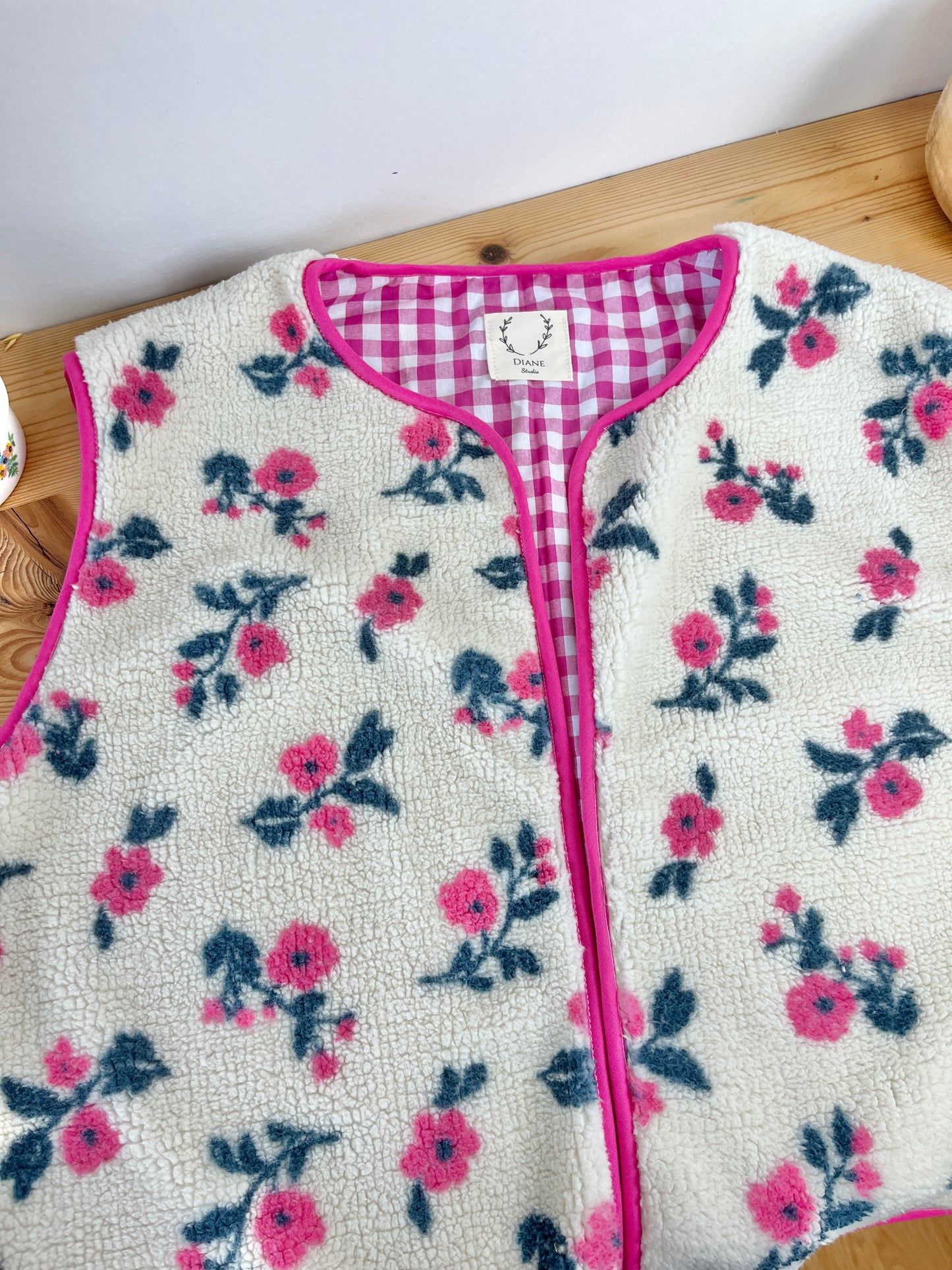Coraliane floral vest with fuchsia gingham trim - made to order
