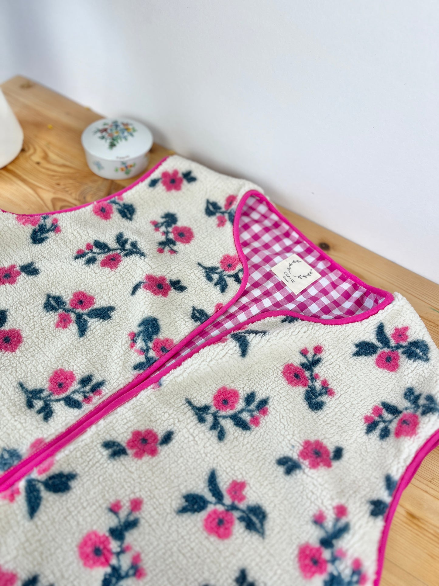 Coraliane floral vest with fuchsia gingham trim - made to order