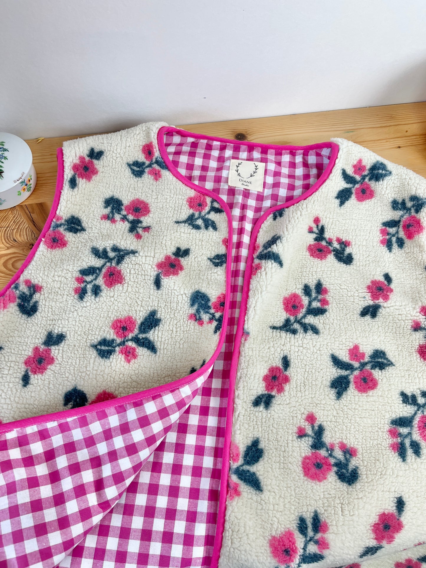 Coraliane floral vest with fuchsia gingham trim - made to order