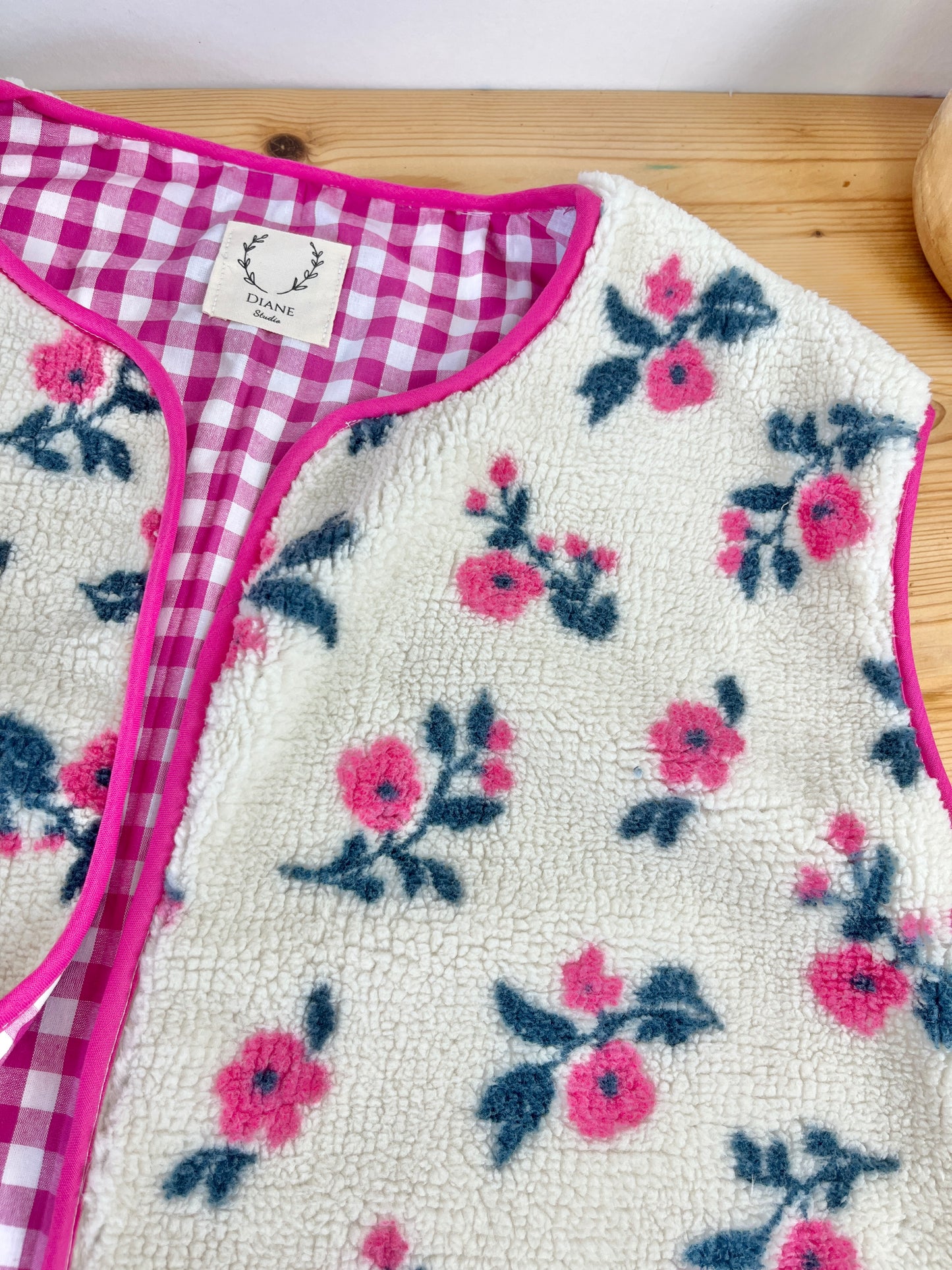 Coraliane floral vest with fuchsia gingham trim - made to order