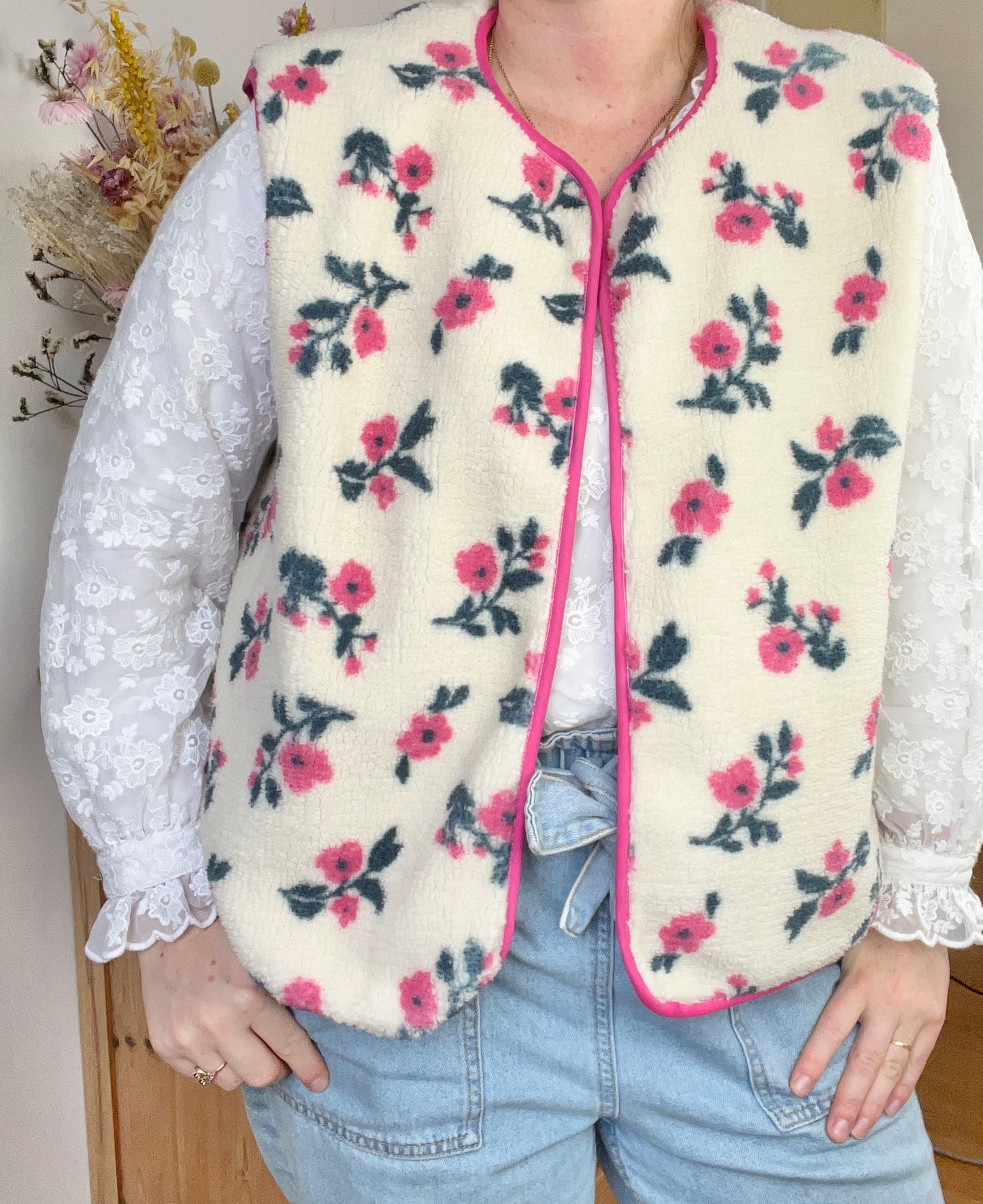 Coraliane floral vest with fuchsia gingham trim - made to order