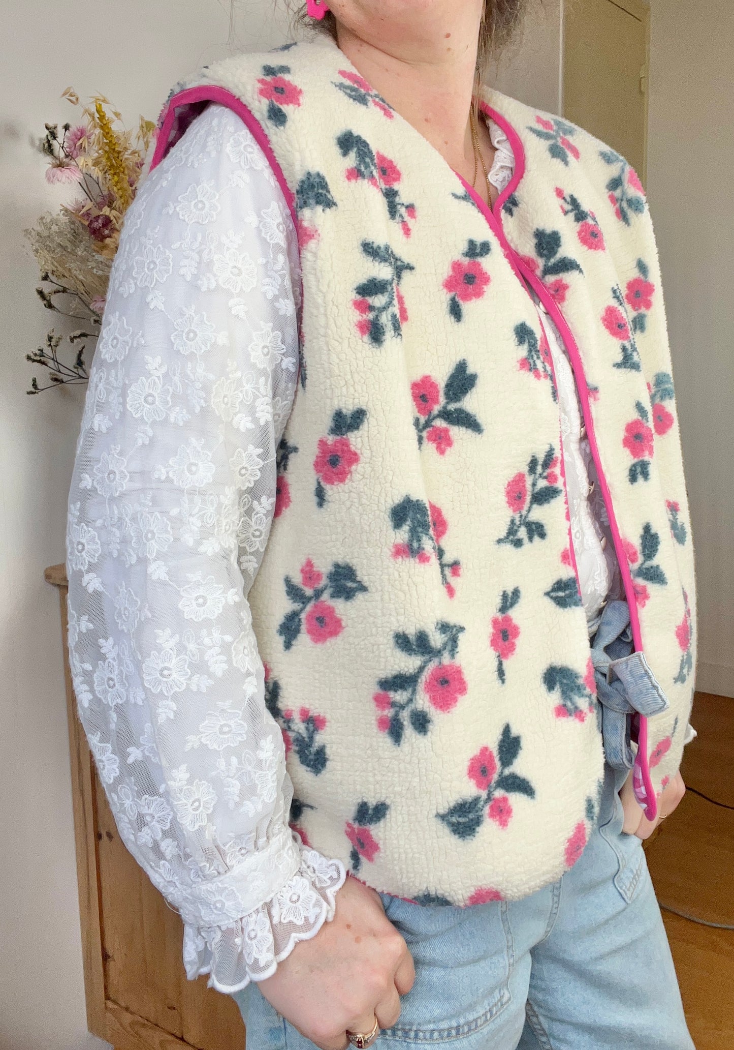 Coraliane floral vest with fuchsia gingham trim - made to order