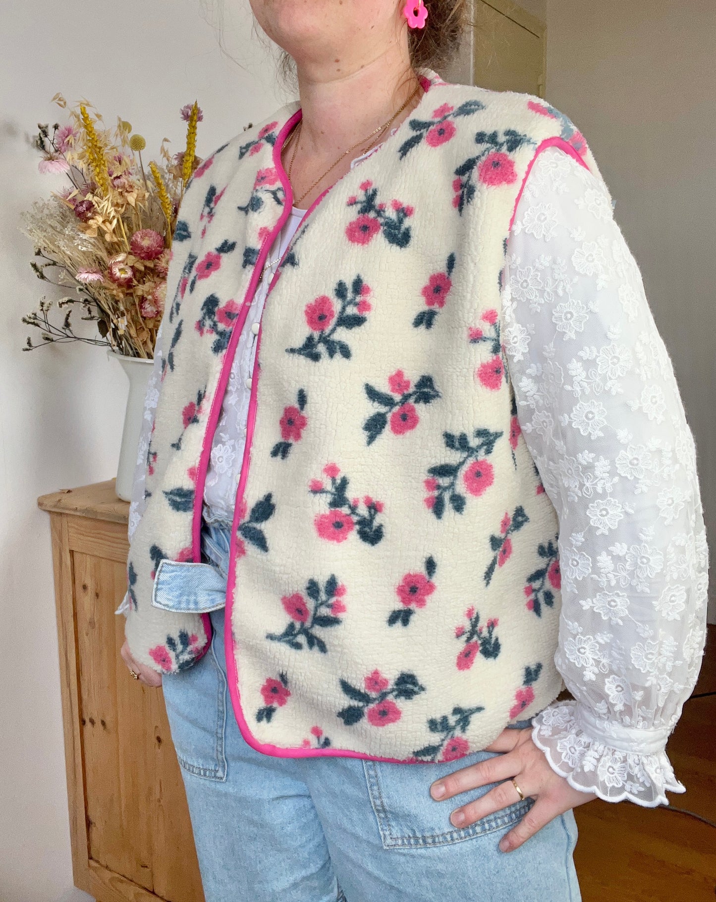 Coraliane floral vest with fuchsia gingham trim - made to order
