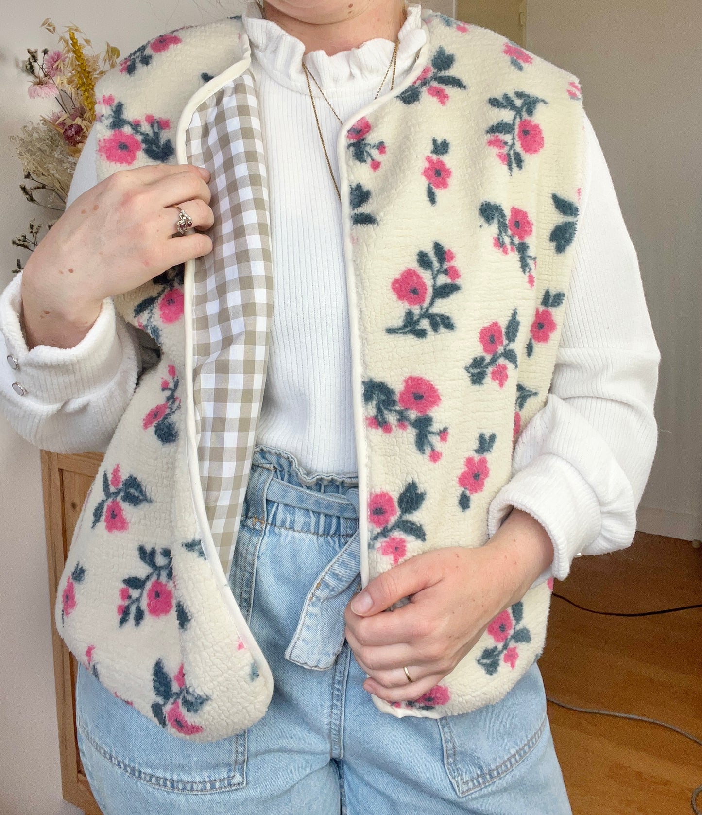 Coraliane floral cardigan with cream gingham trim - made to order