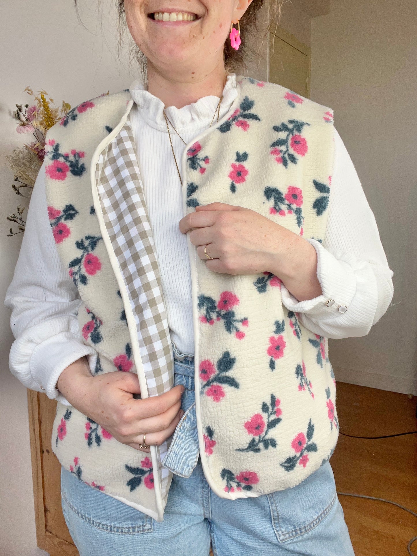 Coraliane floral cardigan with cream gingham trim - made to order