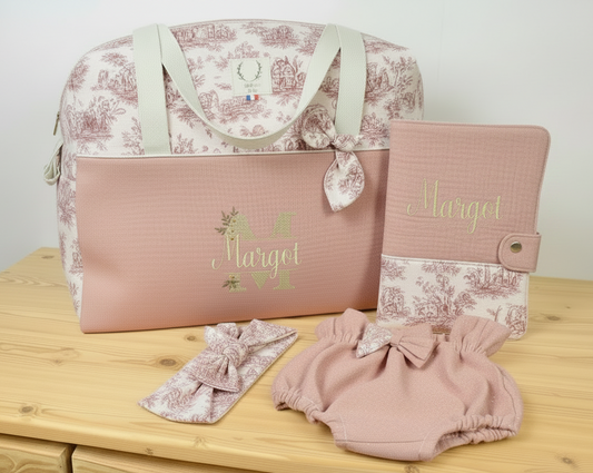 Ensemble : sac à langer/voyage, protège carnet, bloomer, et bandeau
