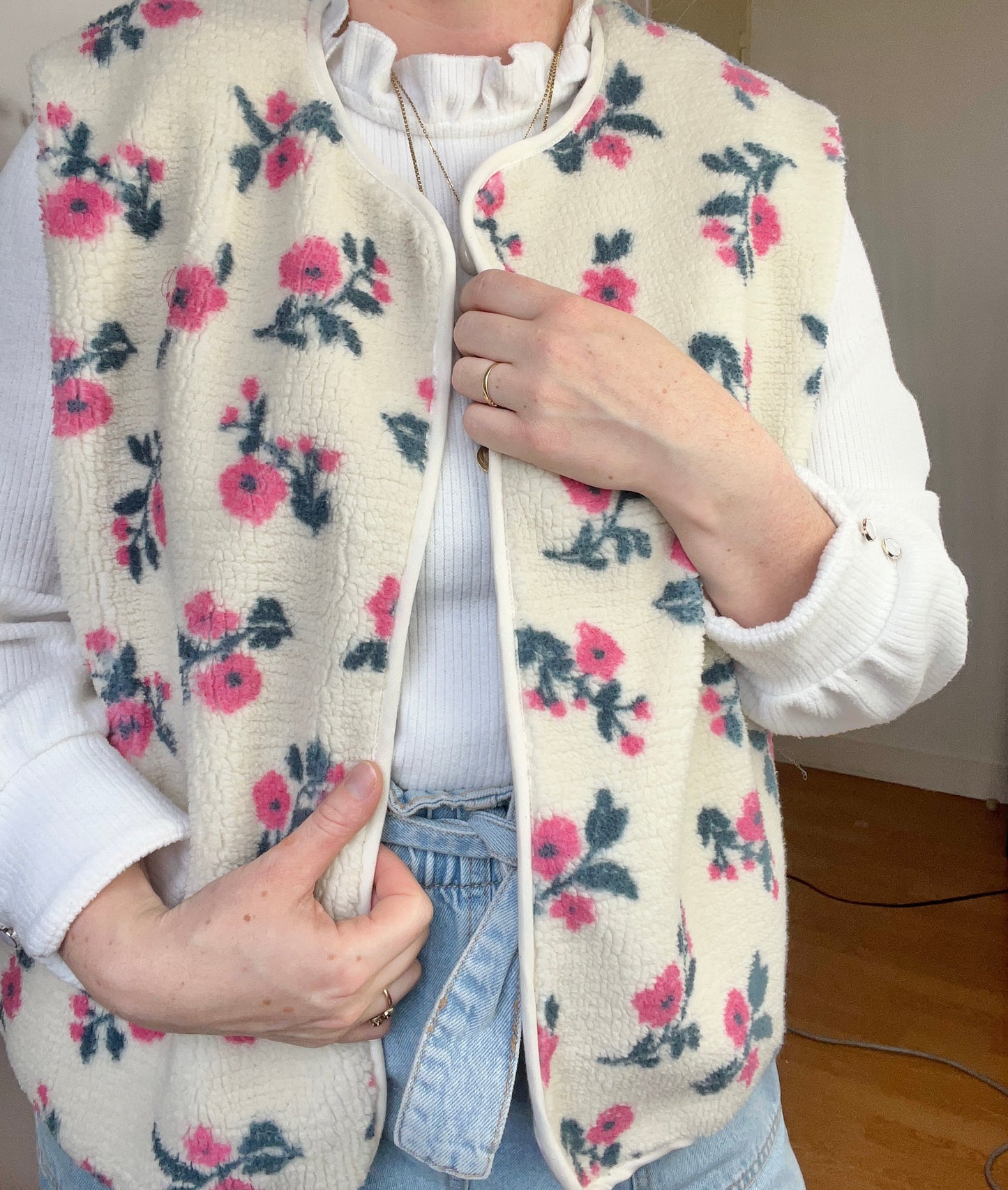 Coraliane floral cardigan with cream gingham trim - made to order