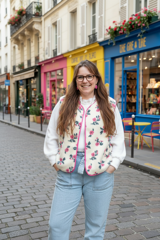 Gilet fleuri Coraliane bordure et vichy fuchsia-sur commande