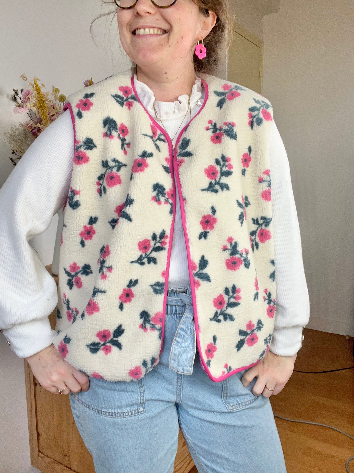 Coraliane floral vest with fuchsia gingham trim - made to order