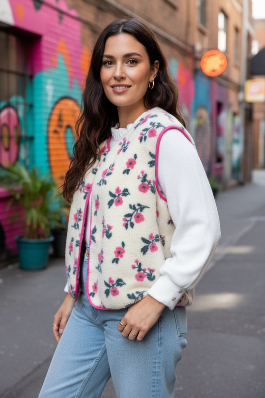 Gilet fleuri Coraliane bordure et vichy fuchsia-sur commande