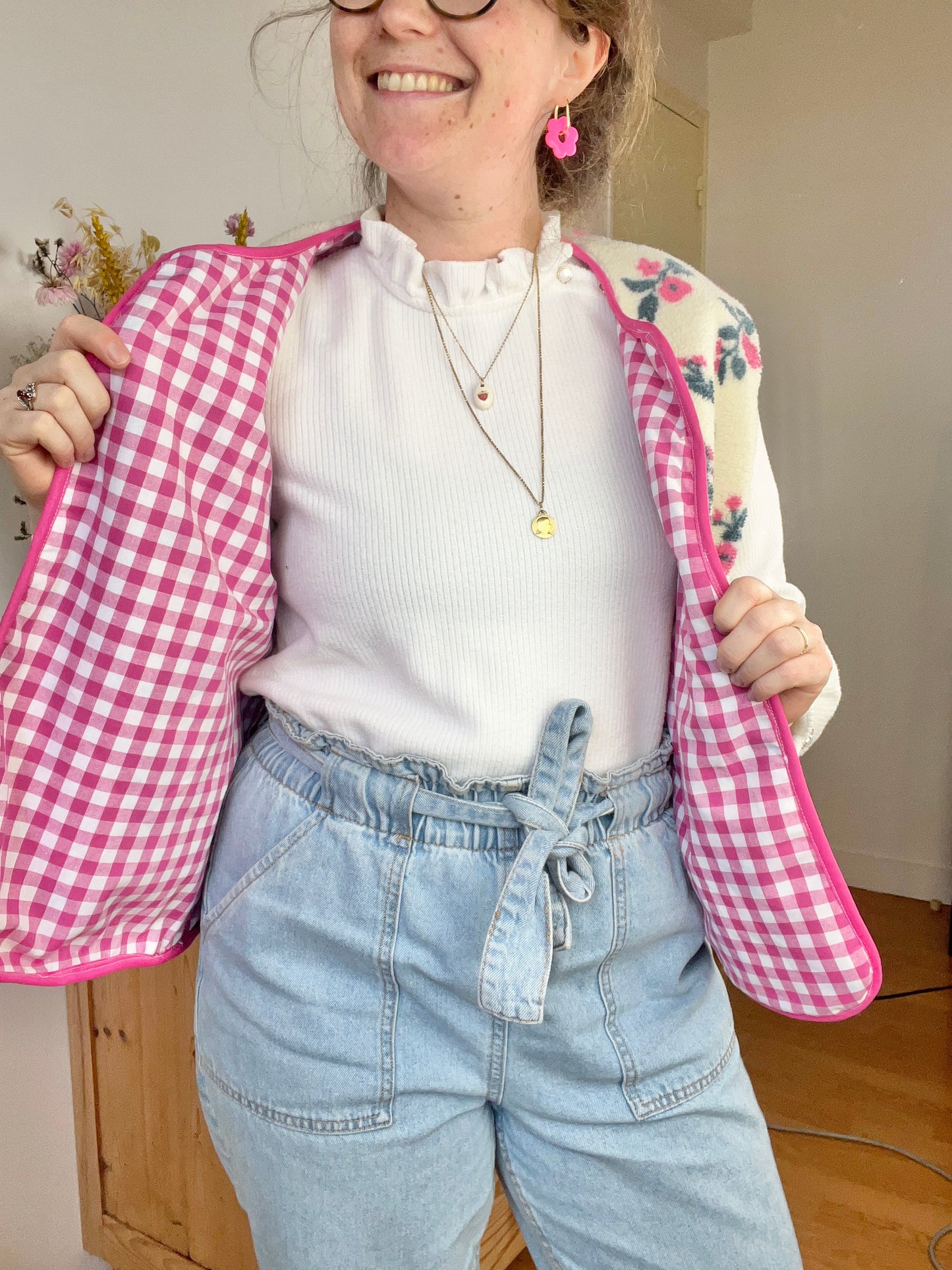 Coraliane floral vest with fuchsia gingham trim - made to order