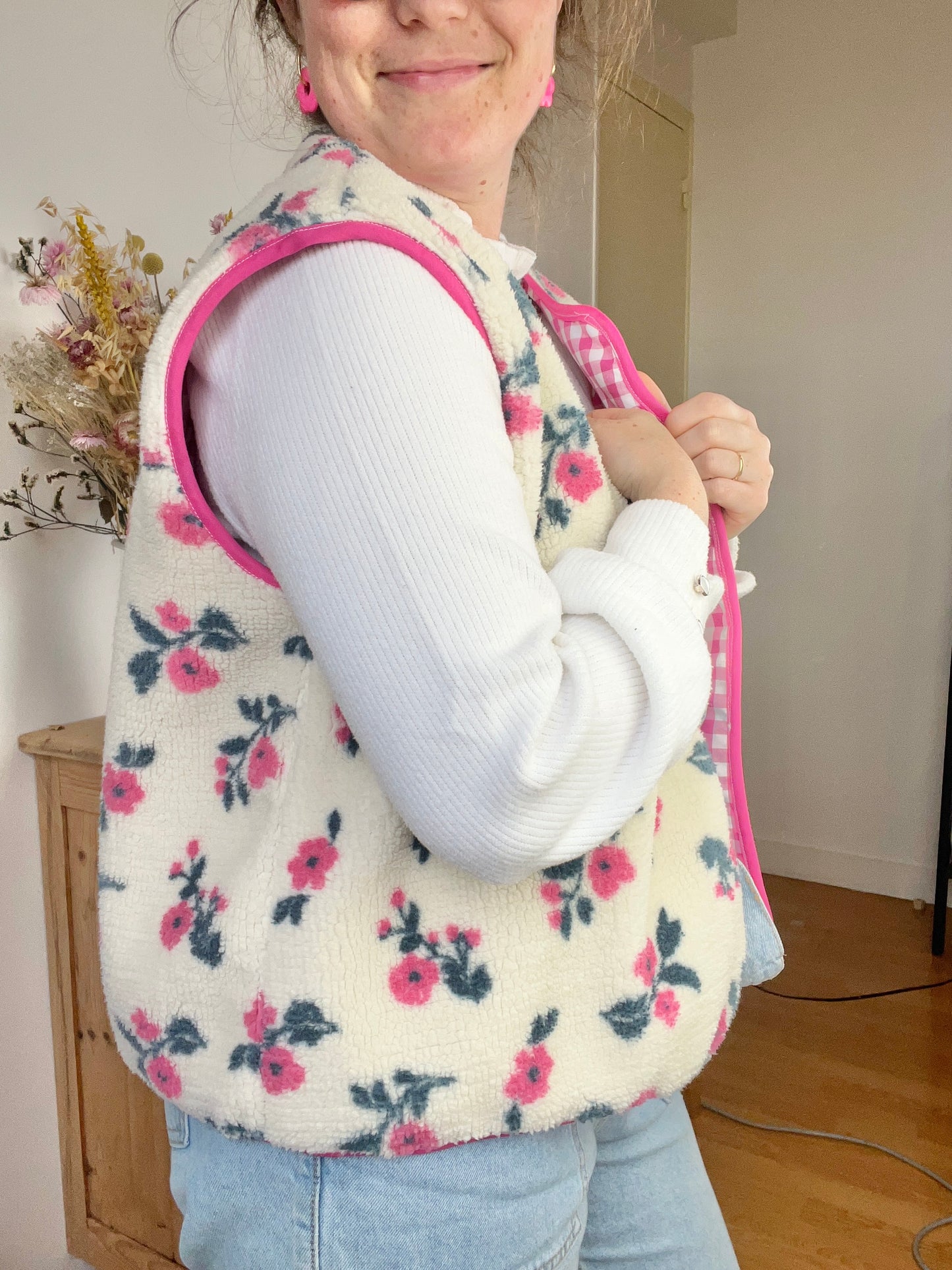 Coraliane floral vest with fuchsia gingham trim - made to order