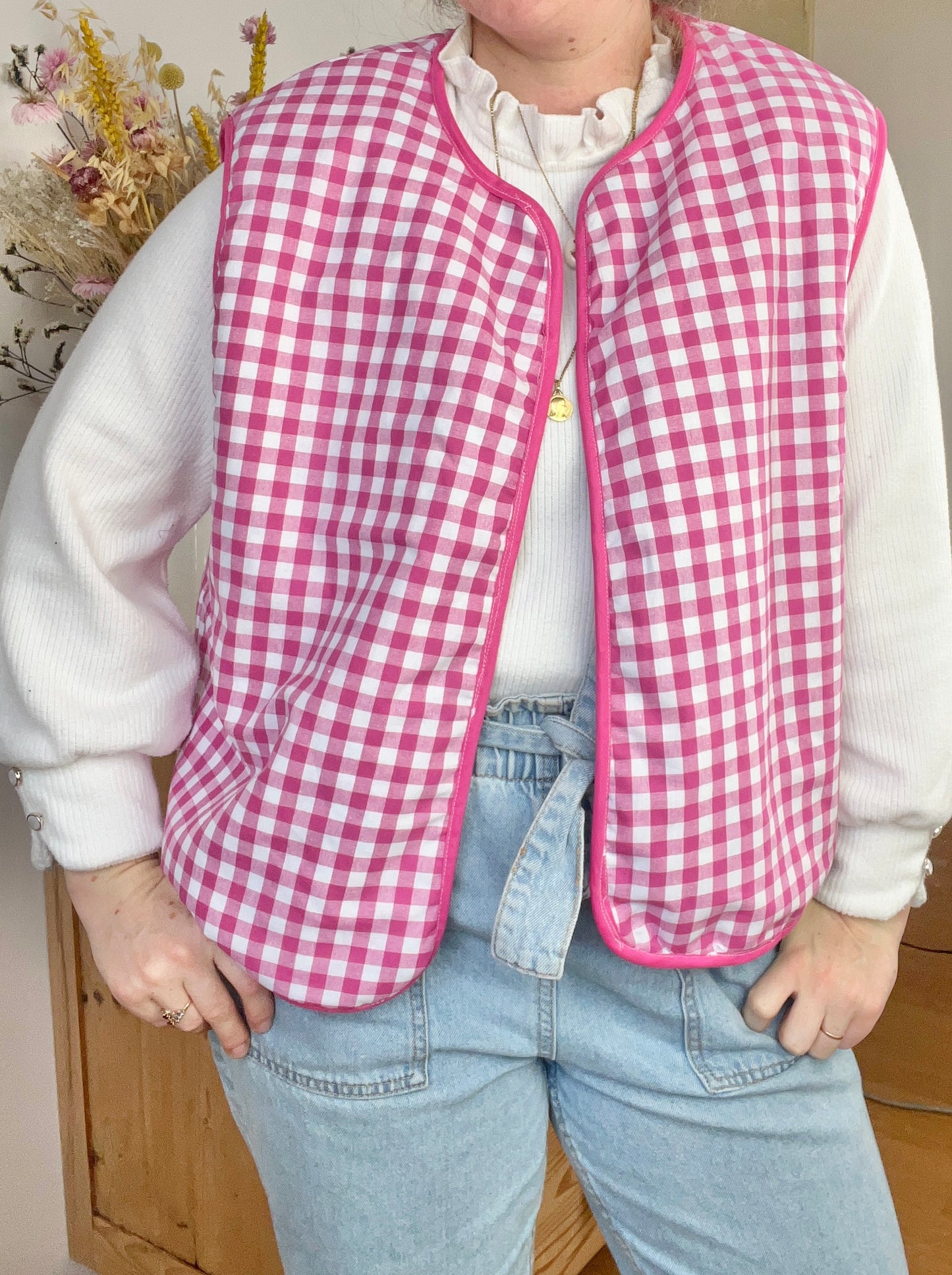 Coraliane floral vest with fuchsia gingham trim - made to order