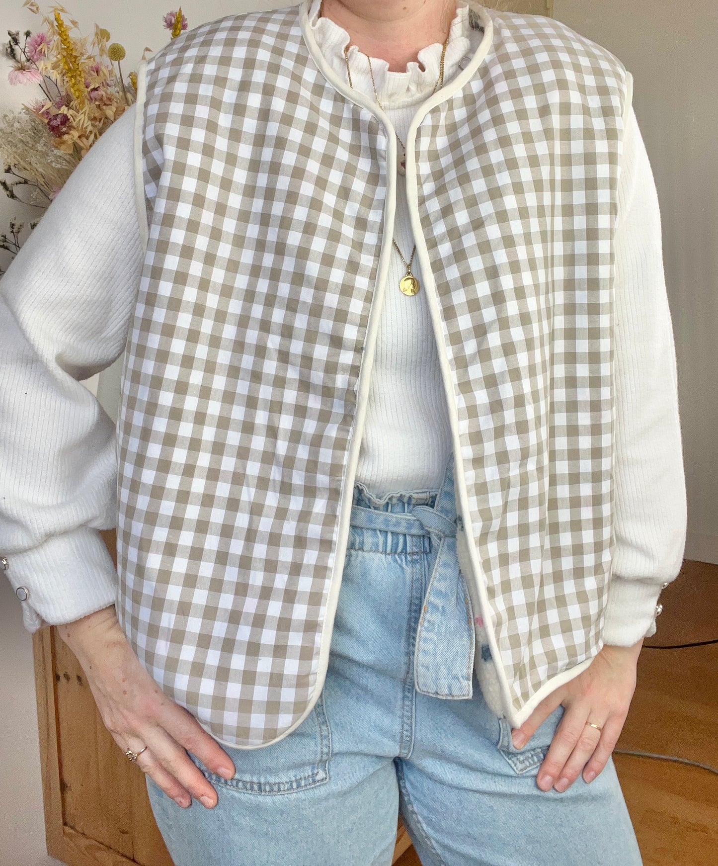 Coraliane floral cardigan with cream gingham trim - made to order