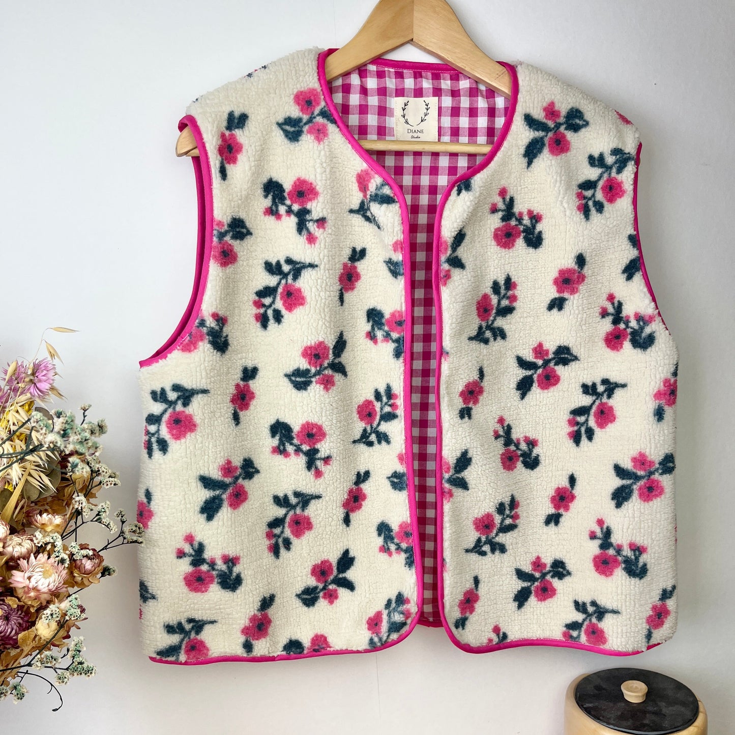 Coraliane floral vest with fuchsia gingham trim - made to order
