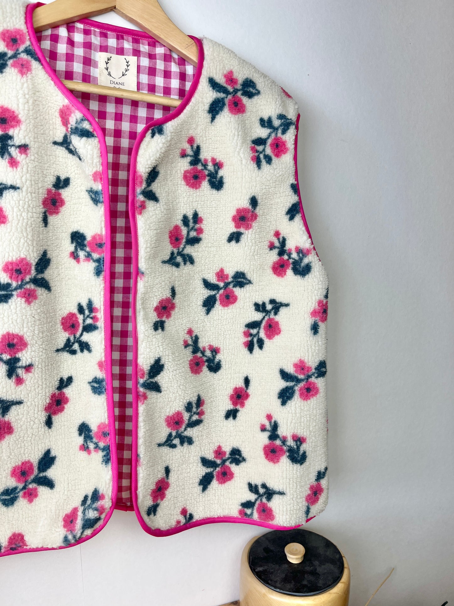Coraliane floral vest with fuchsia gingham trim - made to order
