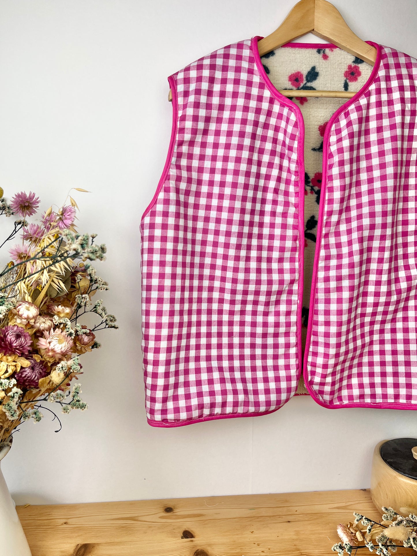 Coraliane floral vest with fuchsia gingham trim - made to order