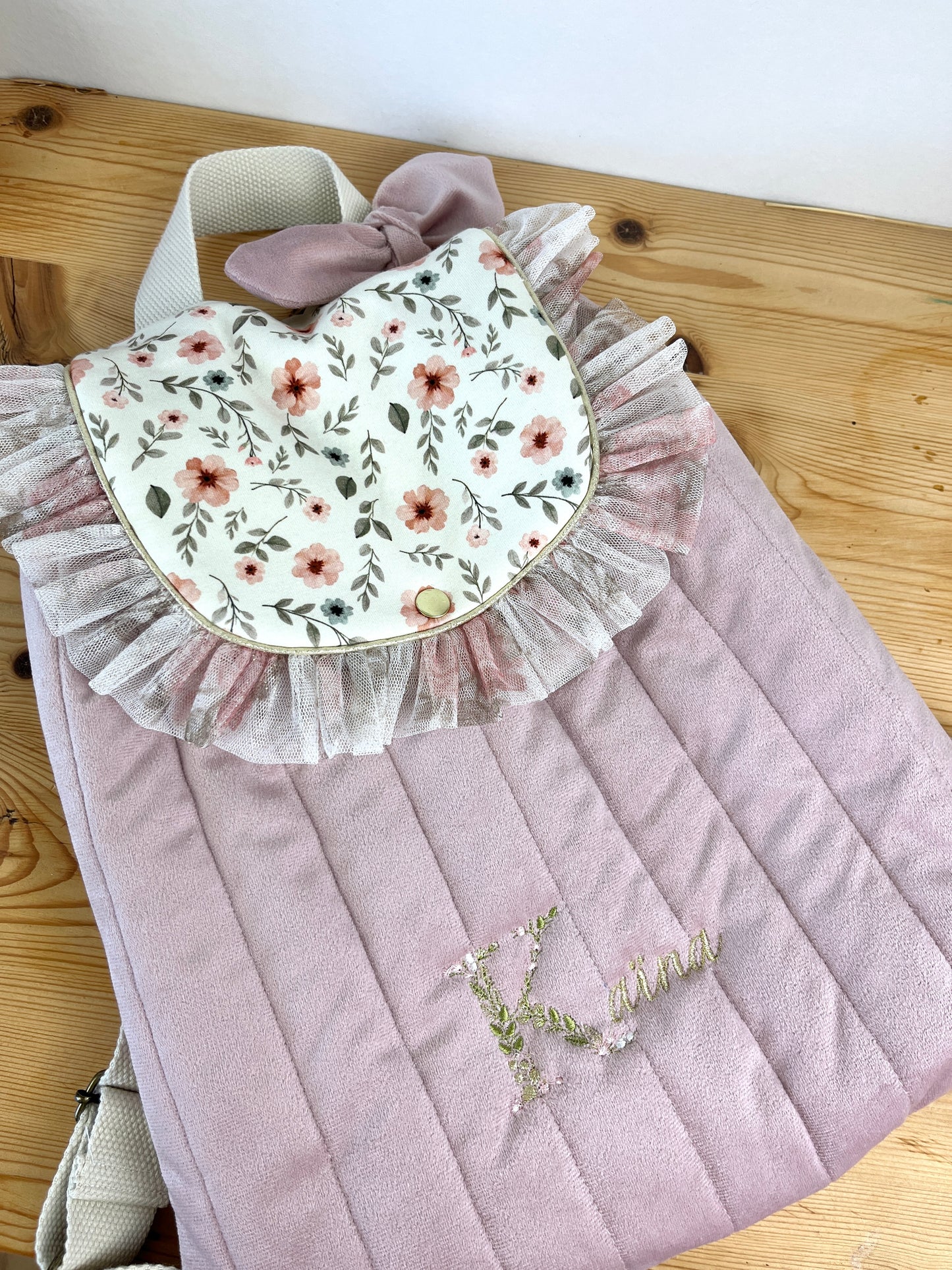 Le sac à dos Églantine velours rose poudré Amandine et tulle