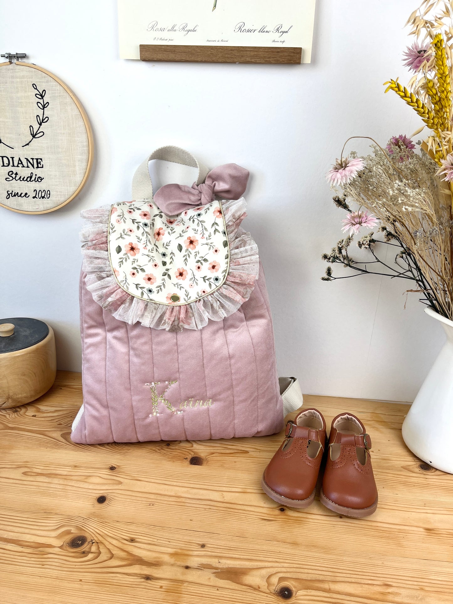 Le sac à dos Églantine velours rose poudré Amandine et tulle