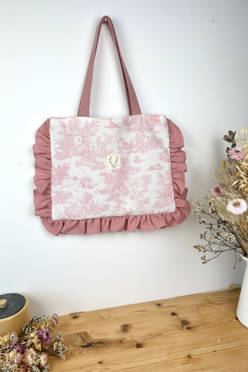 Le petit tote bag jouy et gaze rose thé