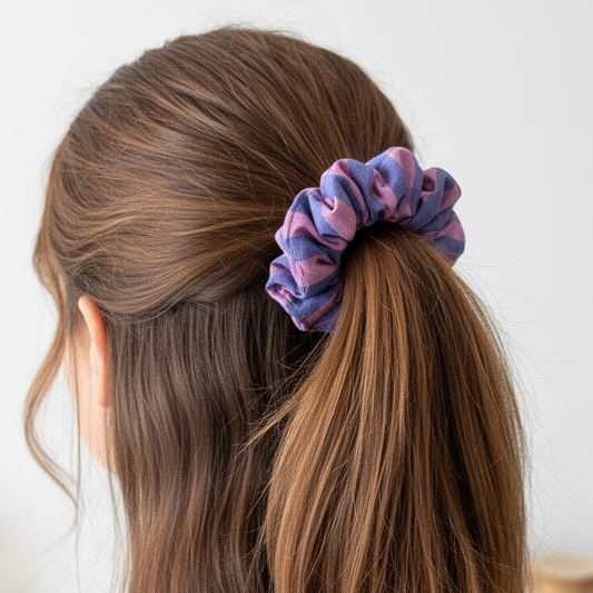 Chouchou coton rayé mauve et bleu- sur commande