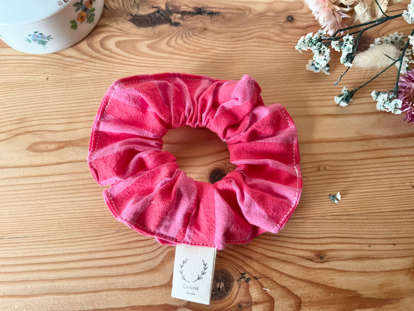 Red and pink striped cotton scrunchie