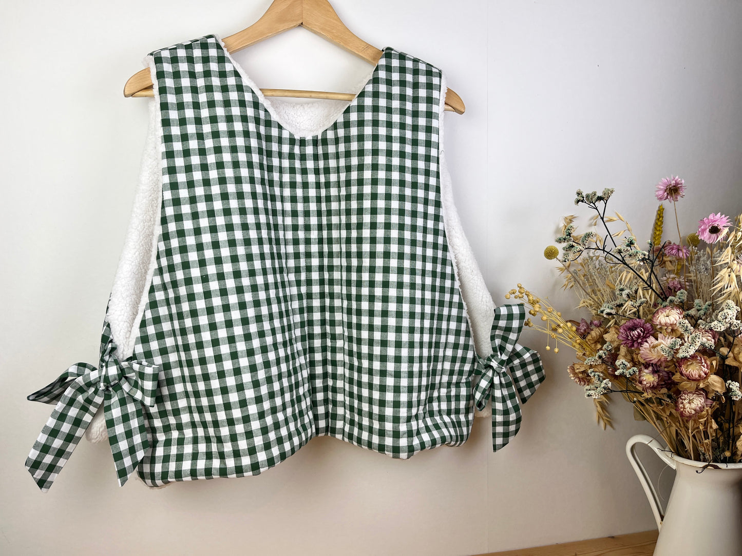 The Josephine sherpa sweater in fir green gingham