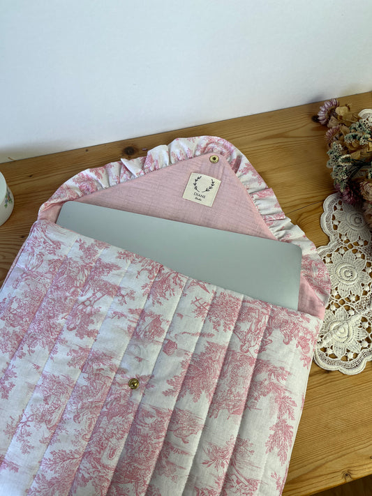 Pochette ordinateur 13-14" toile de jouy rose