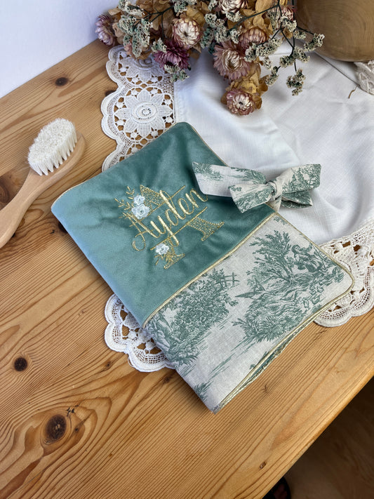 Mahé le protège carnet velours et jouy vert