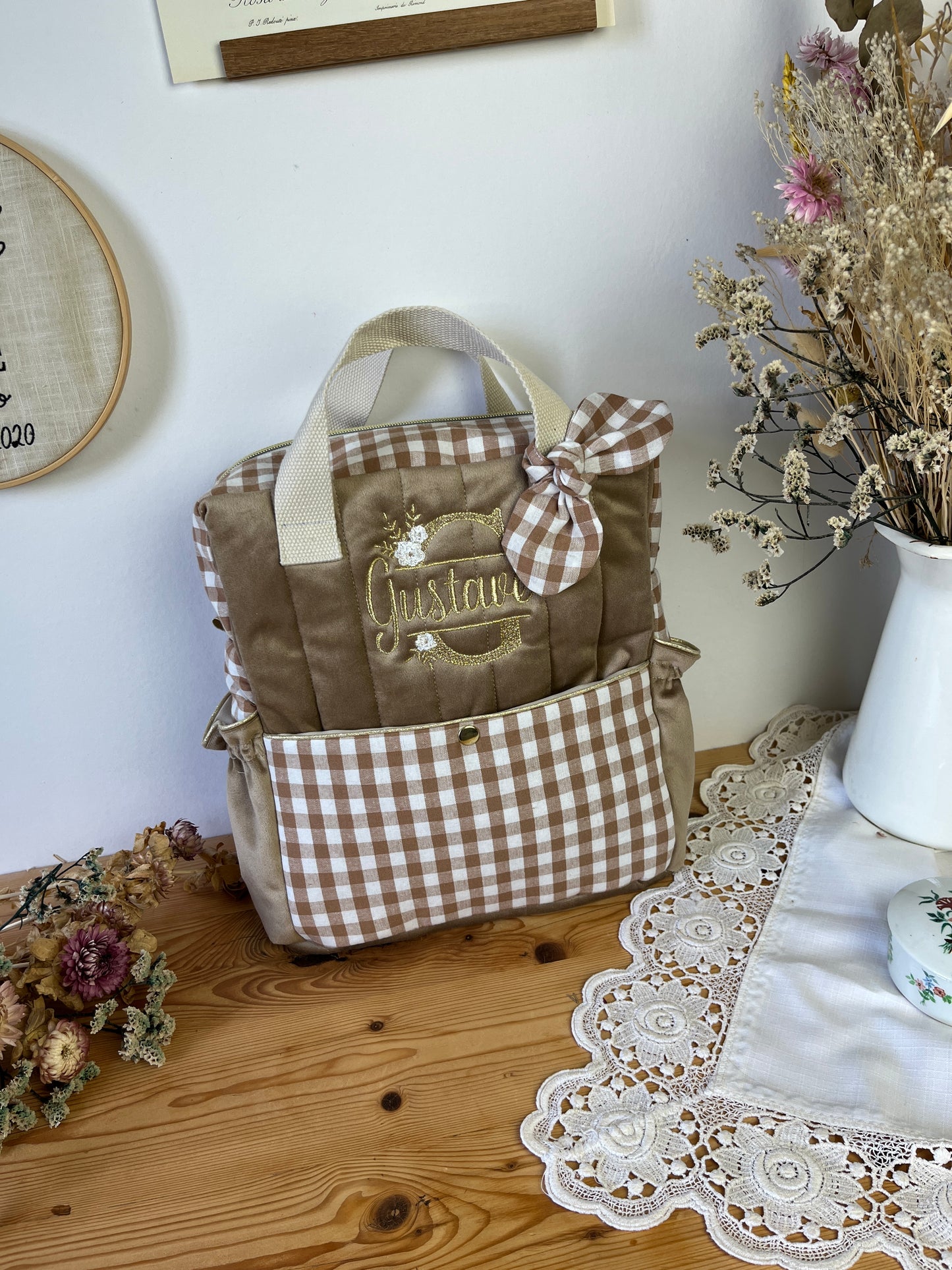 The Ombeline children's backpack in quilted gauze and sky blue gingham