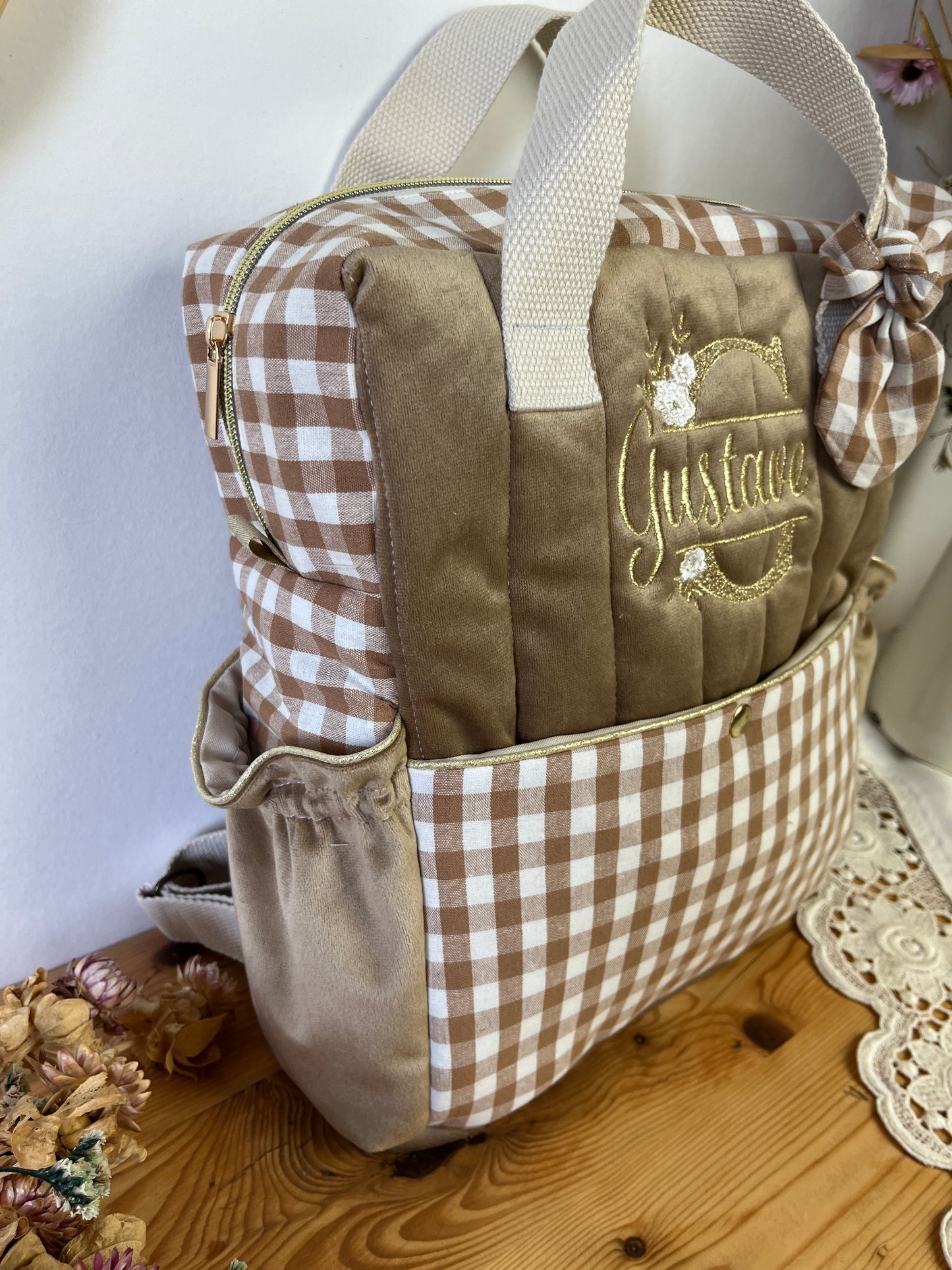 The Ombeline children's backpack in quilted gauze and sky blue gingham
