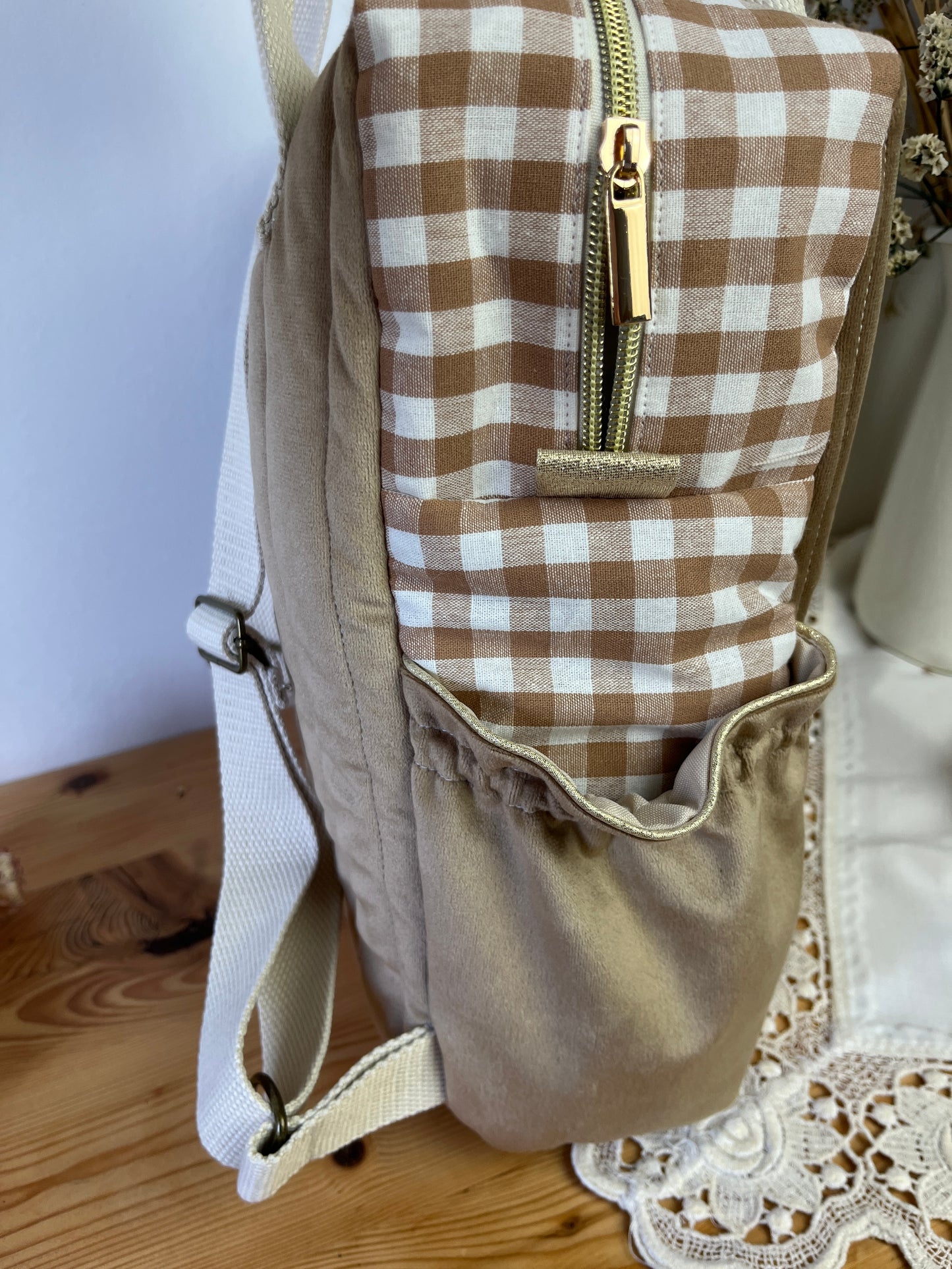 The Ombeline children's backpack in quilted gauze and sky blue gingham
