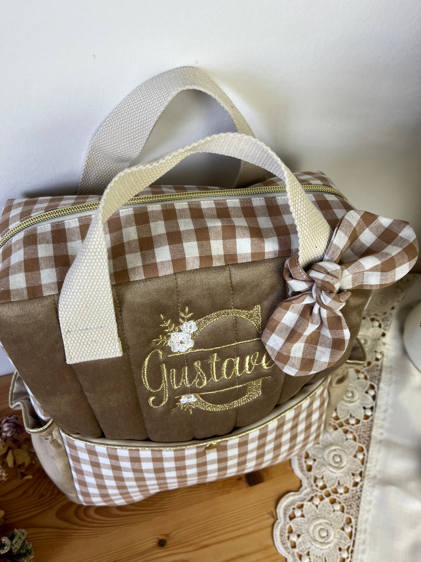 The Ombeline children's backpack in quilted gauze and sky blue gingham