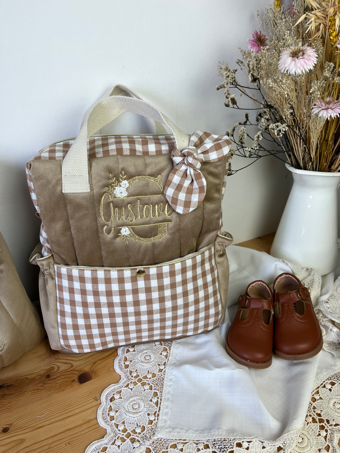 The Ombeline children's backpack in quilted gauze and sky blue gingham
