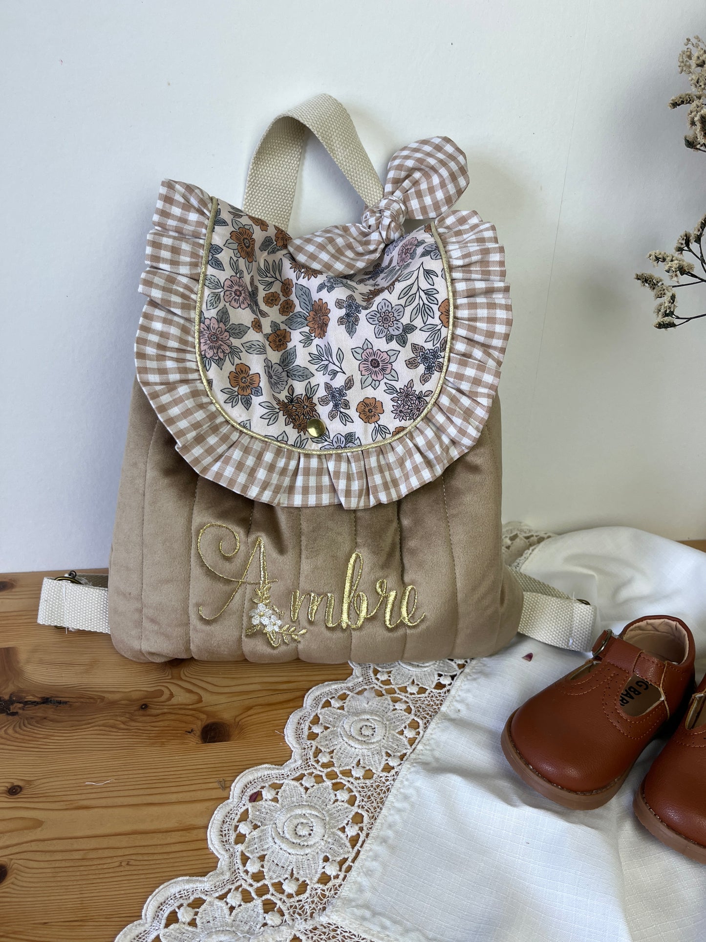 Le sac à dos Églantine velours, vichy et marion
