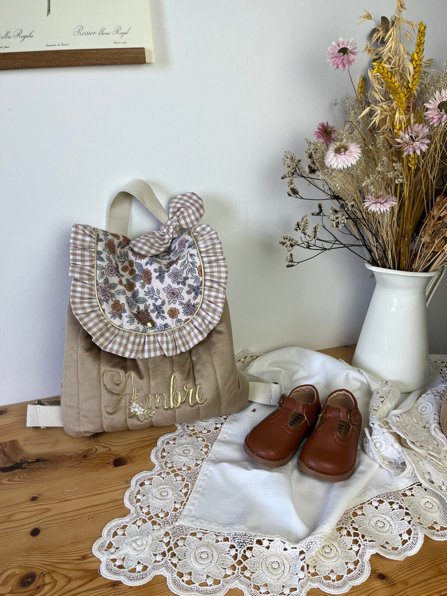 Le sac à dos Églantine velours, vichy et marion