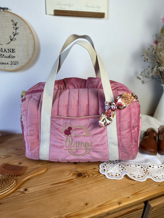 Sac Louison velours rose thé et gaze Elisabeth initiale dentelle