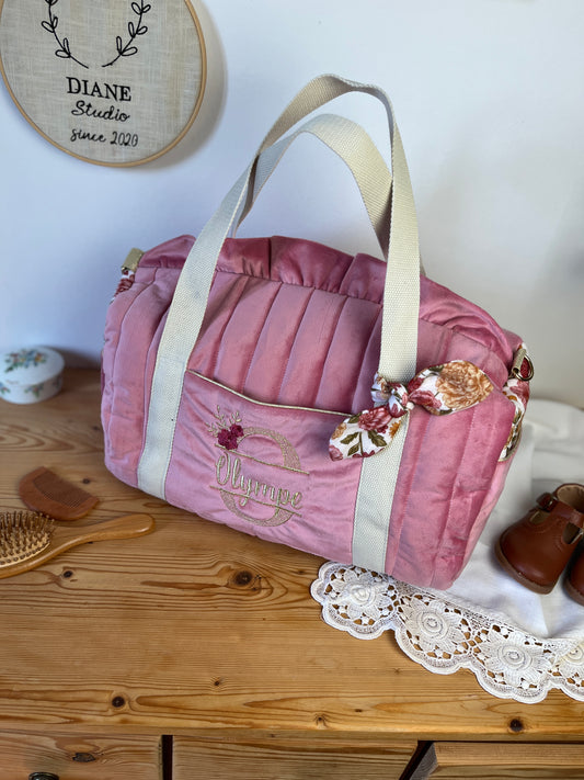 Ensemble: sac Louison et trousse Colette initiale dentelle velours rose et gaze Elisabeth