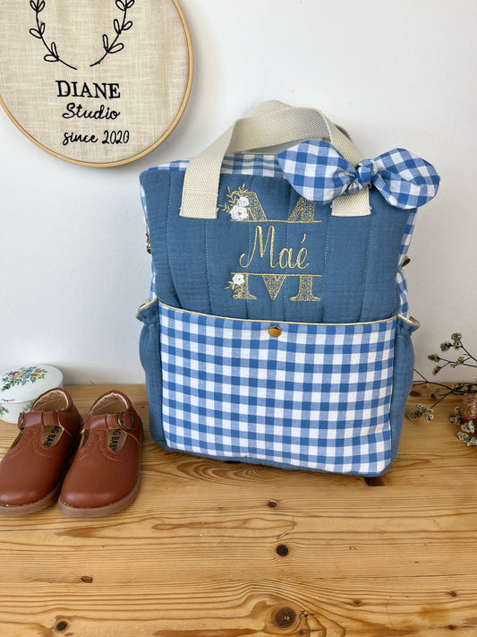 Le sac à dos enfant Ombeline gaze et vichy bleu indigo