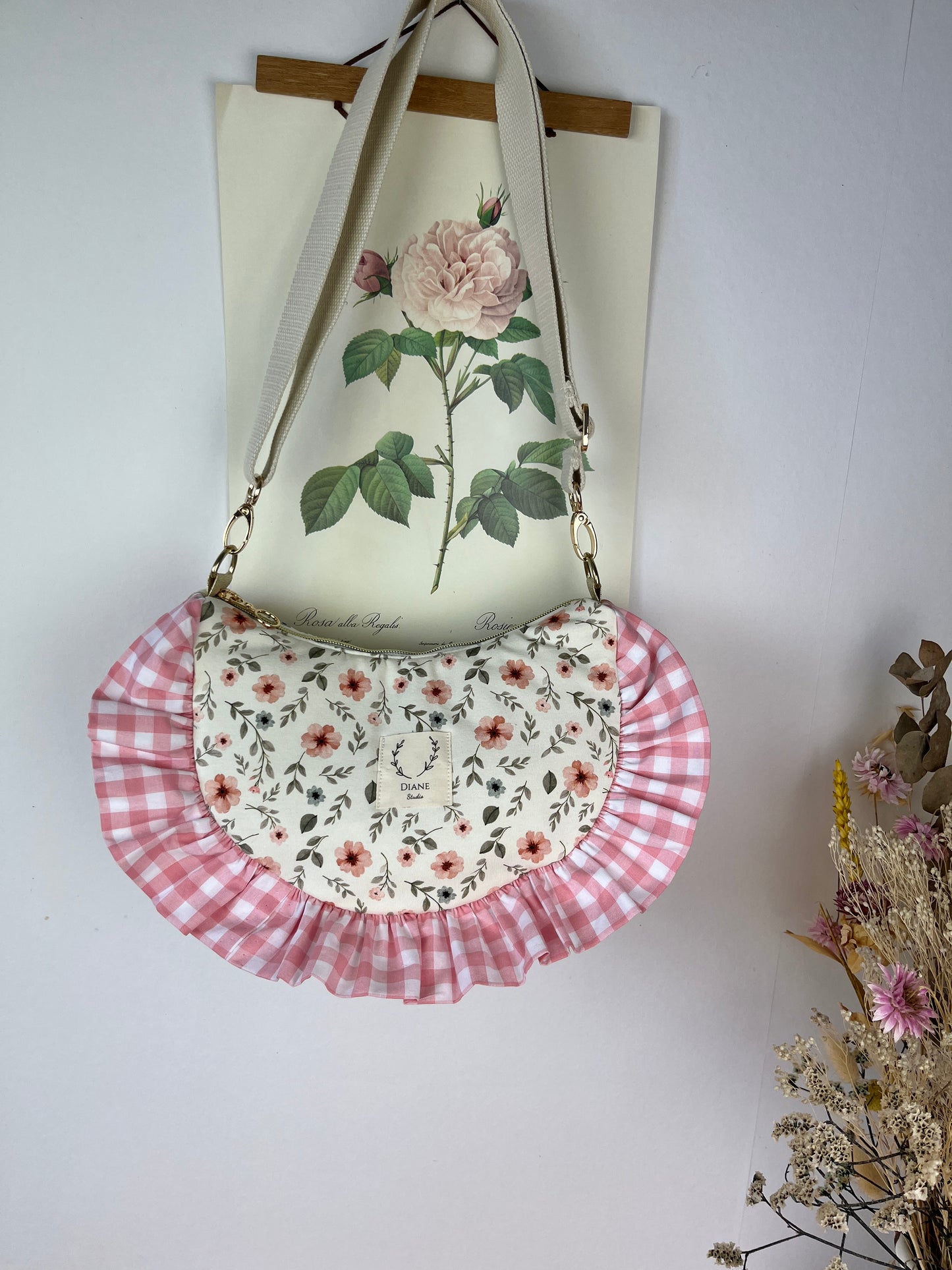 Milan the croissant bag with pink and gingham patterns