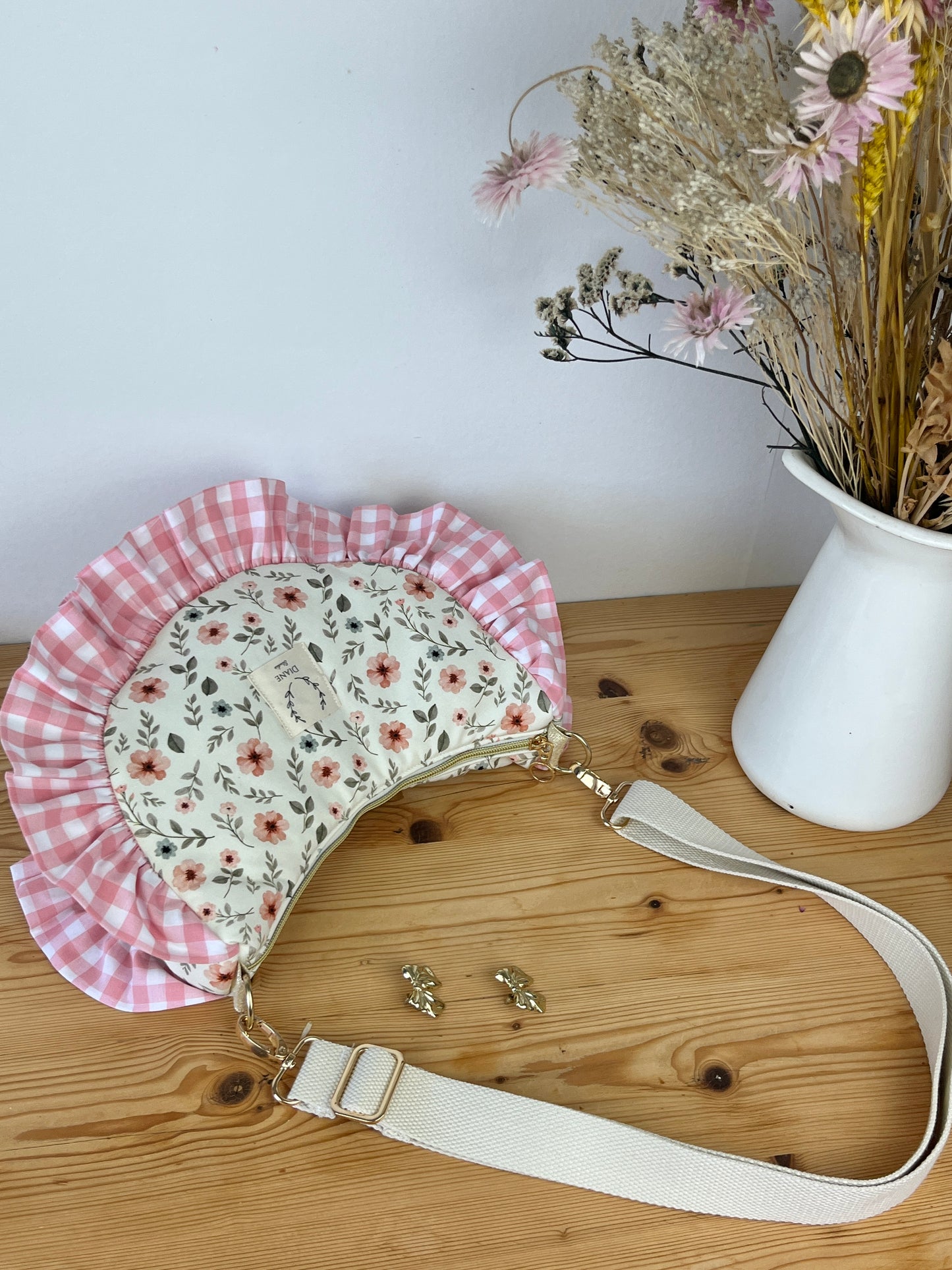 Milan the croissant bag with pink and gingham patterns