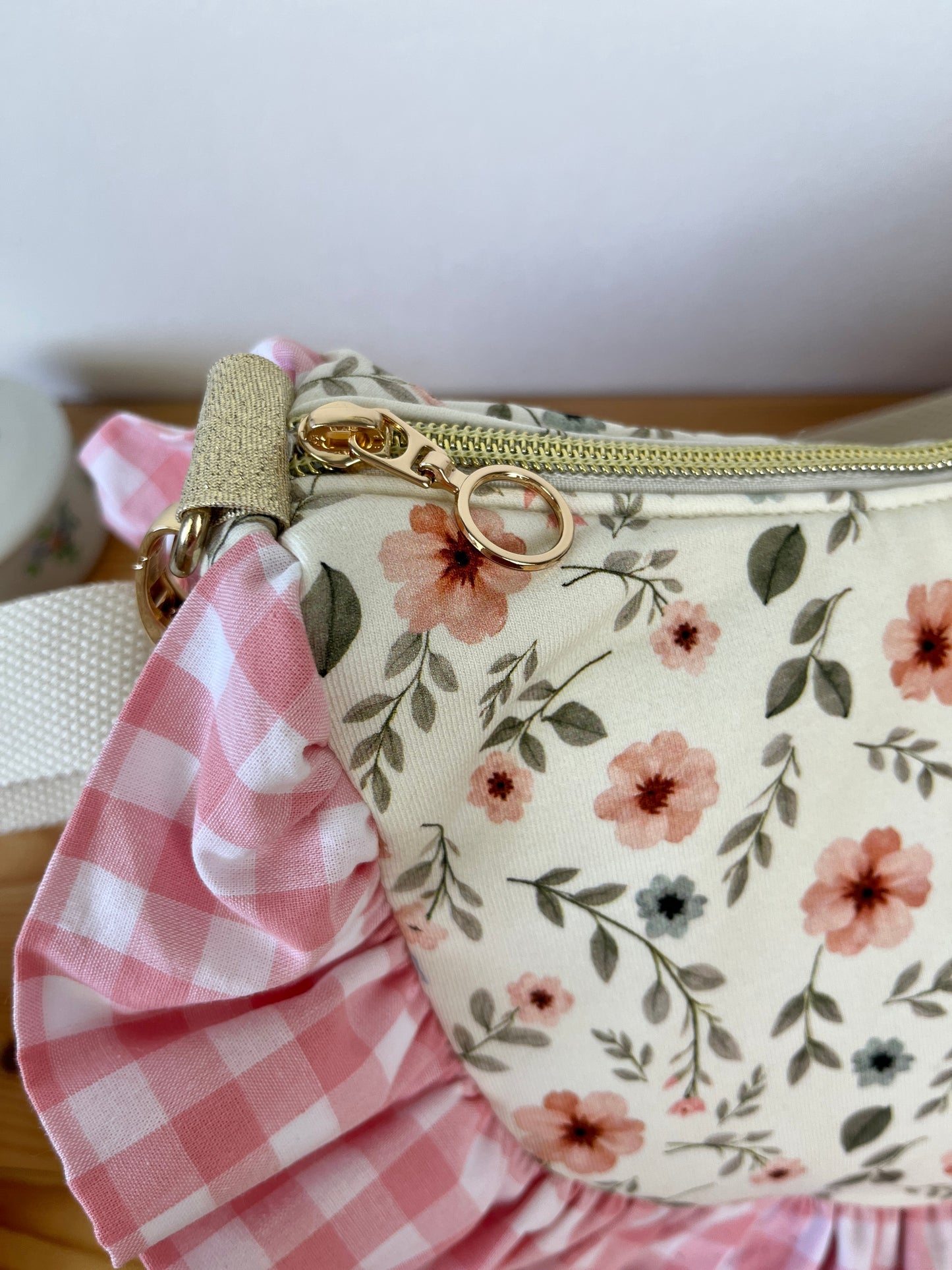 Milan the croissant bag with pink and gingham patterns